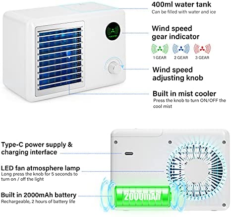 CXhome Portable Air Conditioner Fan Evaporative Air Cooler 3-in-1 Air Humidifier 3 Speeds & RGB Gradient Colour USB Retro Radio Style for Room Office Travel
